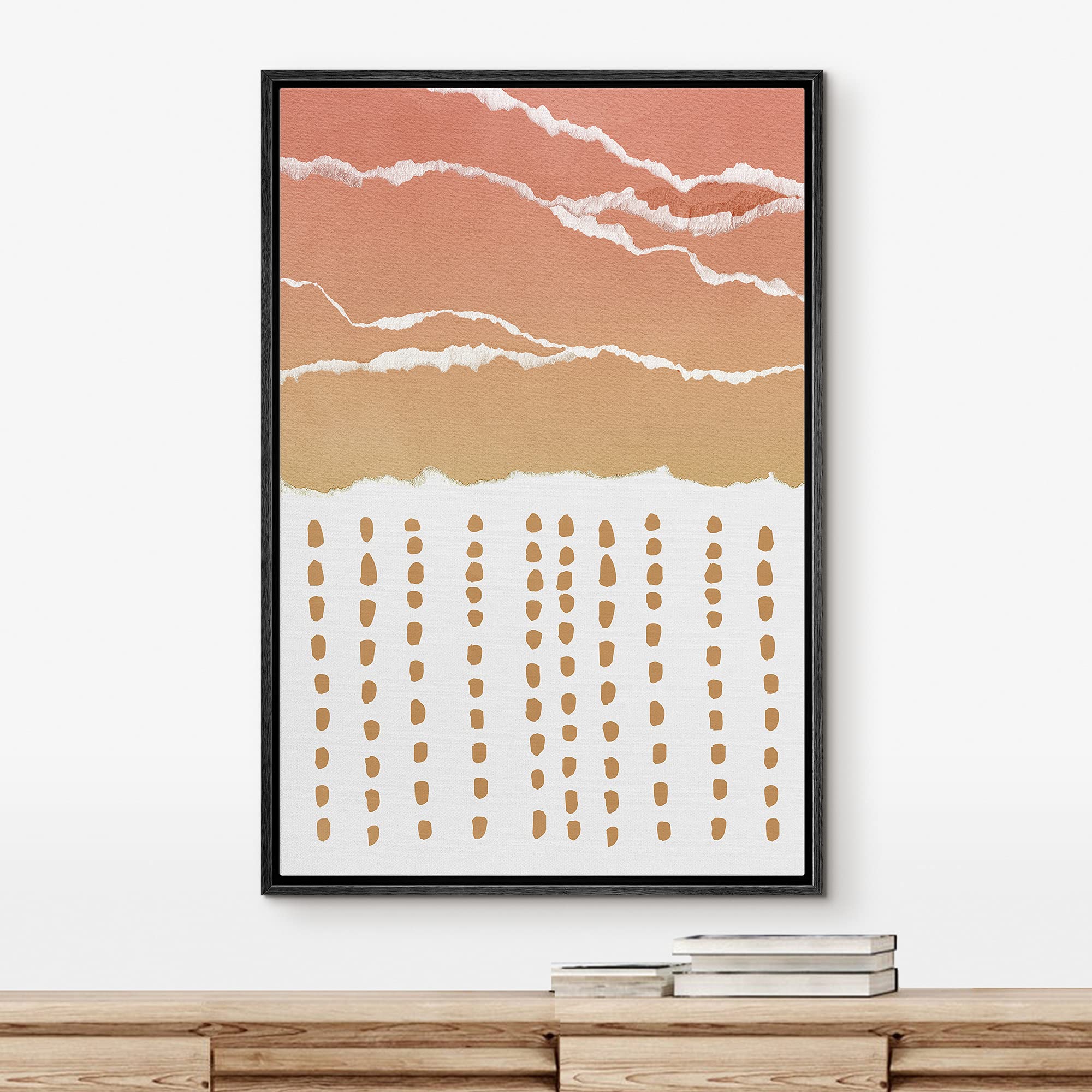 IDEA4WALL Framed Canvas Print Wall Art - Modern Abstract Pink & Yellow Torn Paper Effect with Dots Pattern - Mid-Century Style Home Decor for Living Room, Bedroom, Office - 16x24 Inches Black Frame - Perfect for Contemporary Spaces & Art Lovers