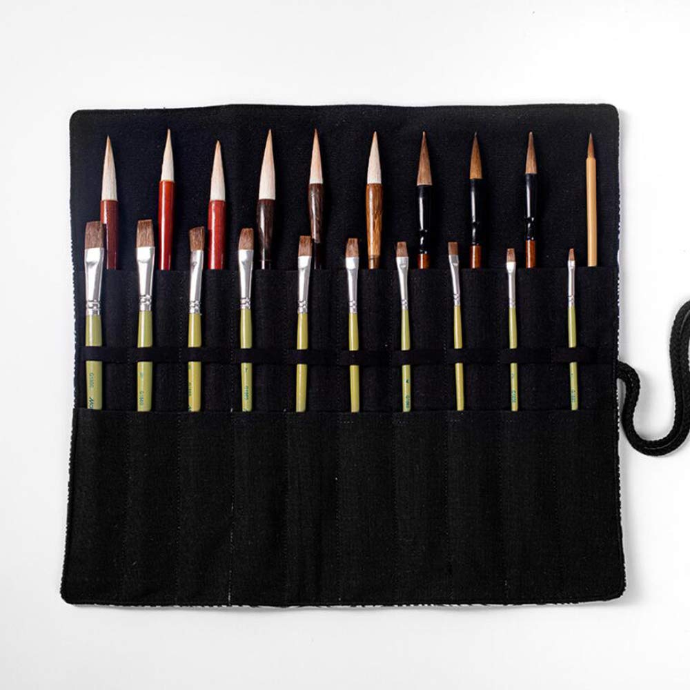20-Slot Canvas Paint Brush Roll Holder - Artist & Makeup Brush Organizer Pouch Case - Lightweight & Portable for Travel (Black) - Perfect for Artists, Makeup Professionals & Students