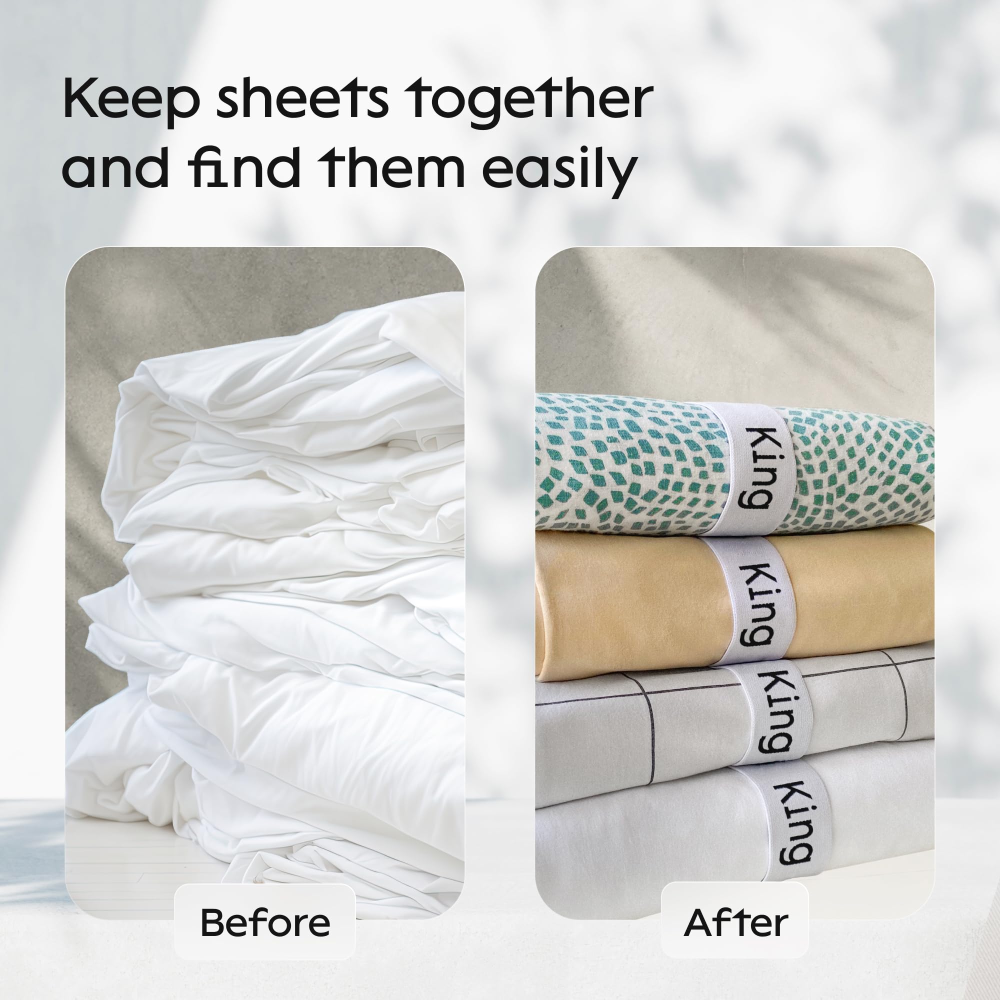 Elastic Bed Sheet Organizer Bands 4-Pack - Stretchable Linen Closet Storage Labels for King Size Sheets, Duvets & Quilts - Perfect for Home Organization and Space Saving in Bedroom Closets