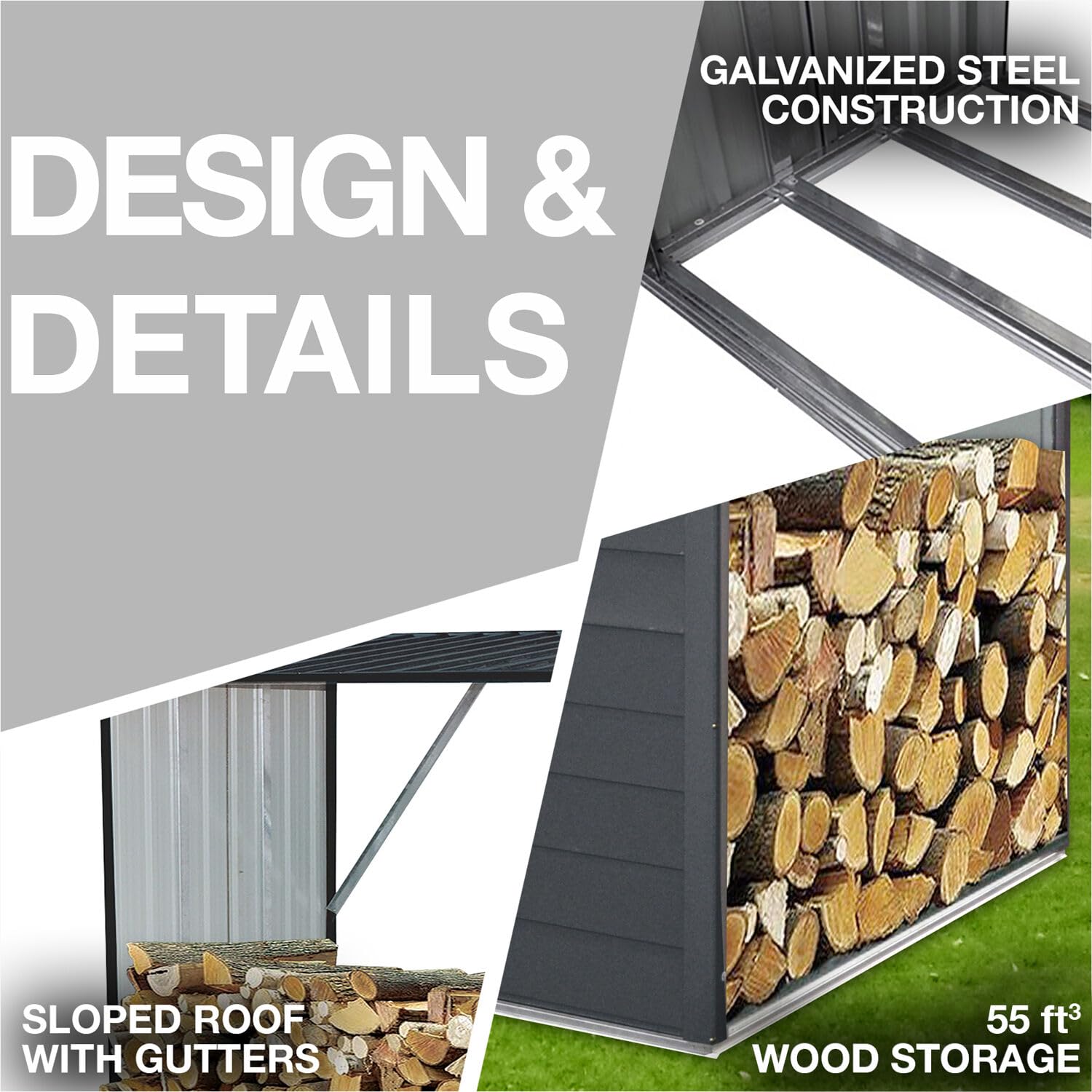 Hanover 5.3-Ft. x 3.75-Ft. x 5-Ft. Steel Firewood Rack - Indoor/Outdoor Weather-Resistant Wood Storage Shed with Sloped Roof for Firewood, Pellets & Lumber - Dark Gray - Perfect for Patio, Deck, Garage or Backyard Firewood Organization