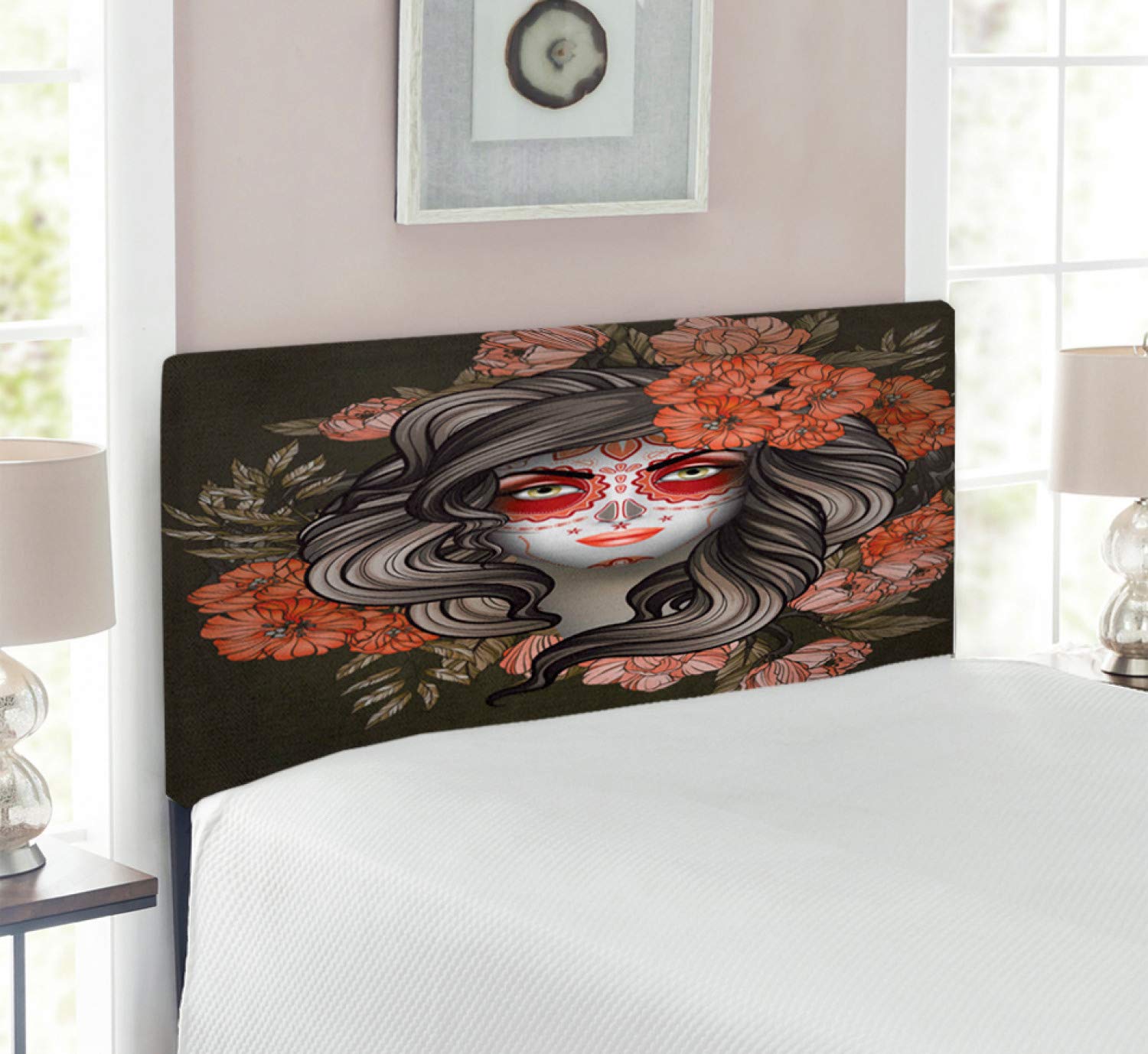 Ambesonne Day of The Dead Headboard - Spanish Woman with Sugar Skull Makeup & Floral Design, Upholstered Metal Bed Headboard with Memory Foam, Twin Size, Army Green & Salmon - Perfect for Gothic Bedroom Decor & Mexican Culture Inspired Home Styling