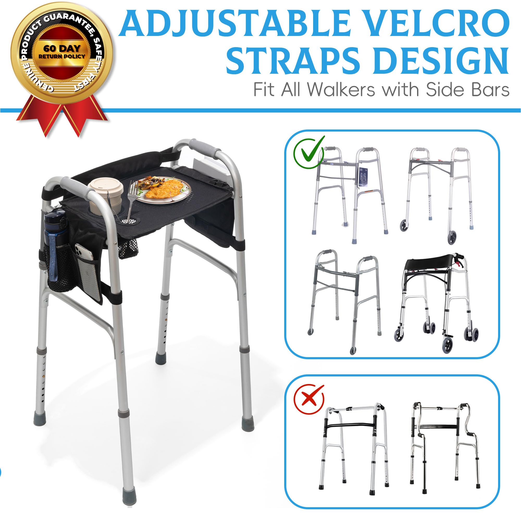 **Walker Tray with Cup Holder & Non-Slip Mat - Removable Mobility Tray for Seniors | Fits Most Standard Folding Walkers | Includes Storage Pockets | Perfect for Meals, Reading & Daily Activities**