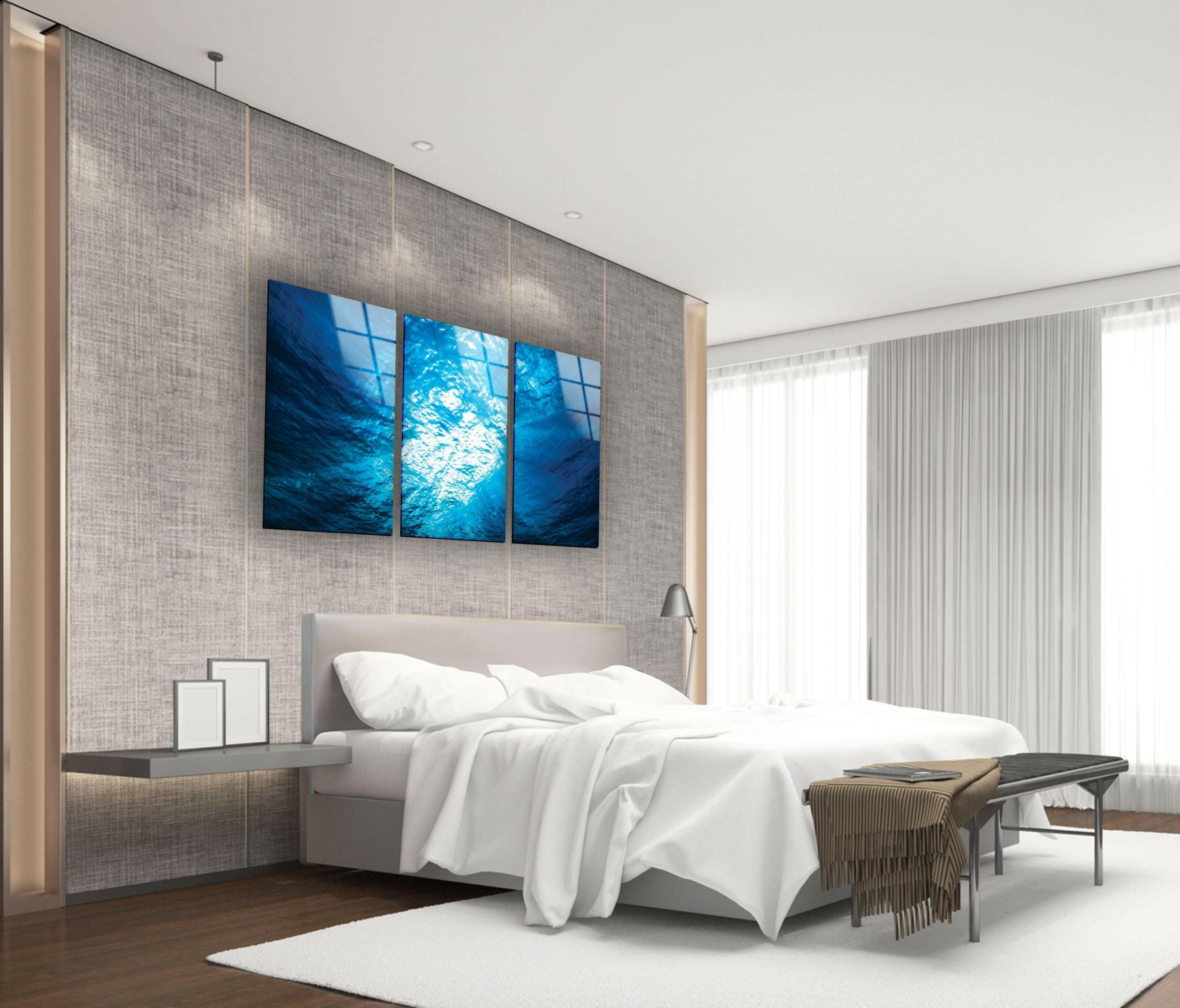 Blue Deep Underwater Abstract Glass Wall Art - Handmade Ocean Themed Decor for Living Room, Bedroom & Office - Perfect Modern Home & Office Decoration
