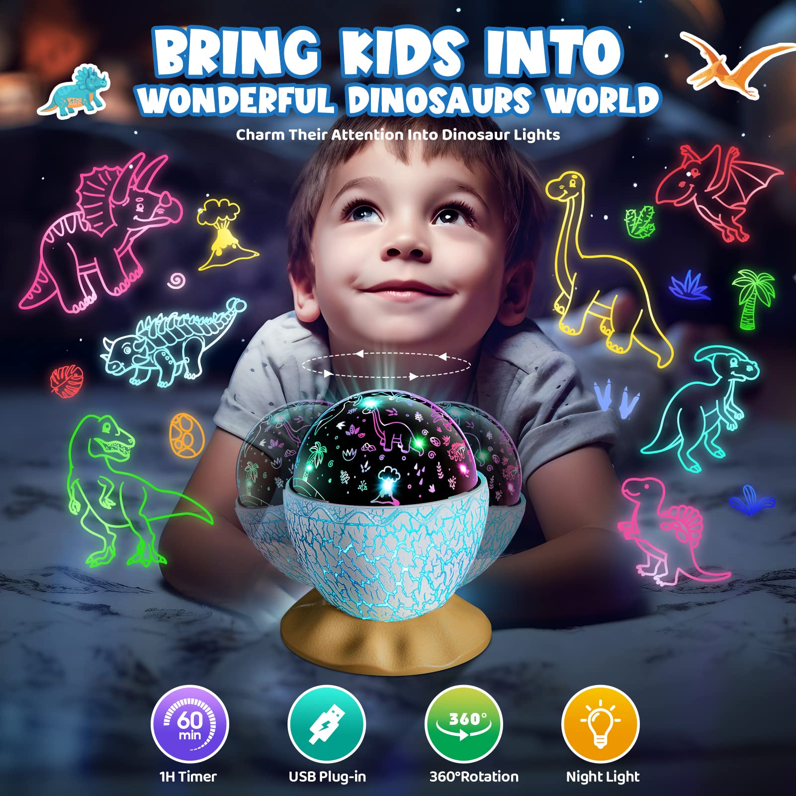 Dinosaur Egg Projector Toy for Kids Ages 1-9 - Interactive Sensory Learning Toy with 12 Dinosaur Images | Birthday Gift for Boys & Autism Friendly Play | Fun Bedtime & Classroom Activity