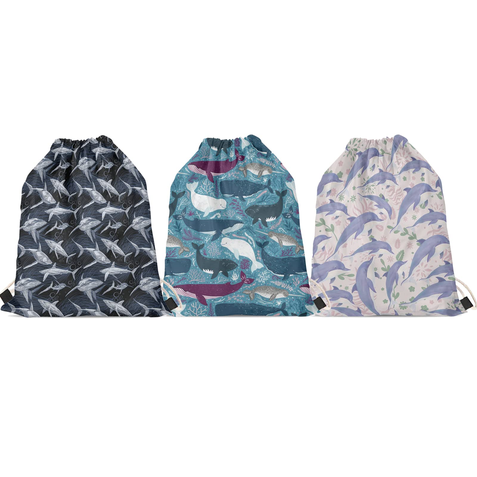 Benidorm Shark Dolphin Whale Drawstring Backpack 3-Pack - Lightweight Cinch Sack Bags for Gym, Sports, Shopping & Travel - Perfect for Beach, School, and Outdoor Activities