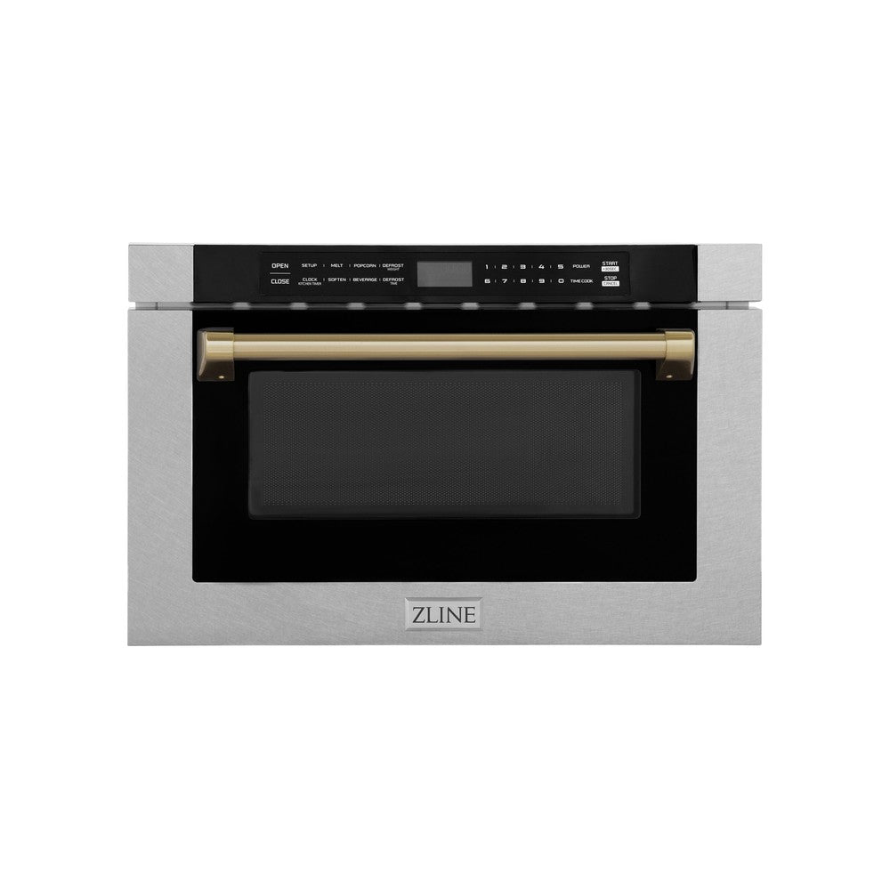 ZLINE Autograph Edition 24 Inch Built-In Microwave Drawer - 1.2 cu ft Capacity, Satin Stainless Steel with Champagne Bronze Accents, Traditional Handle (MWDZ 1 SS H CB) - Perfect for Modern Kitchens, Luxury Homes, and Gourmet Cooking Spaces