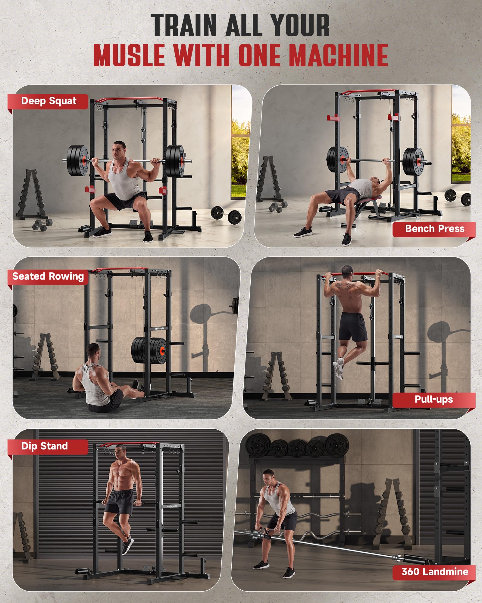Sportsroyals 1600lbs Power Cage - Adjustable Cable Crossover System & Multi-Function Power Rack with Training Attachments for Home Gym | Strength Training & Weightlifting Equipment for Full-Body Workouts
