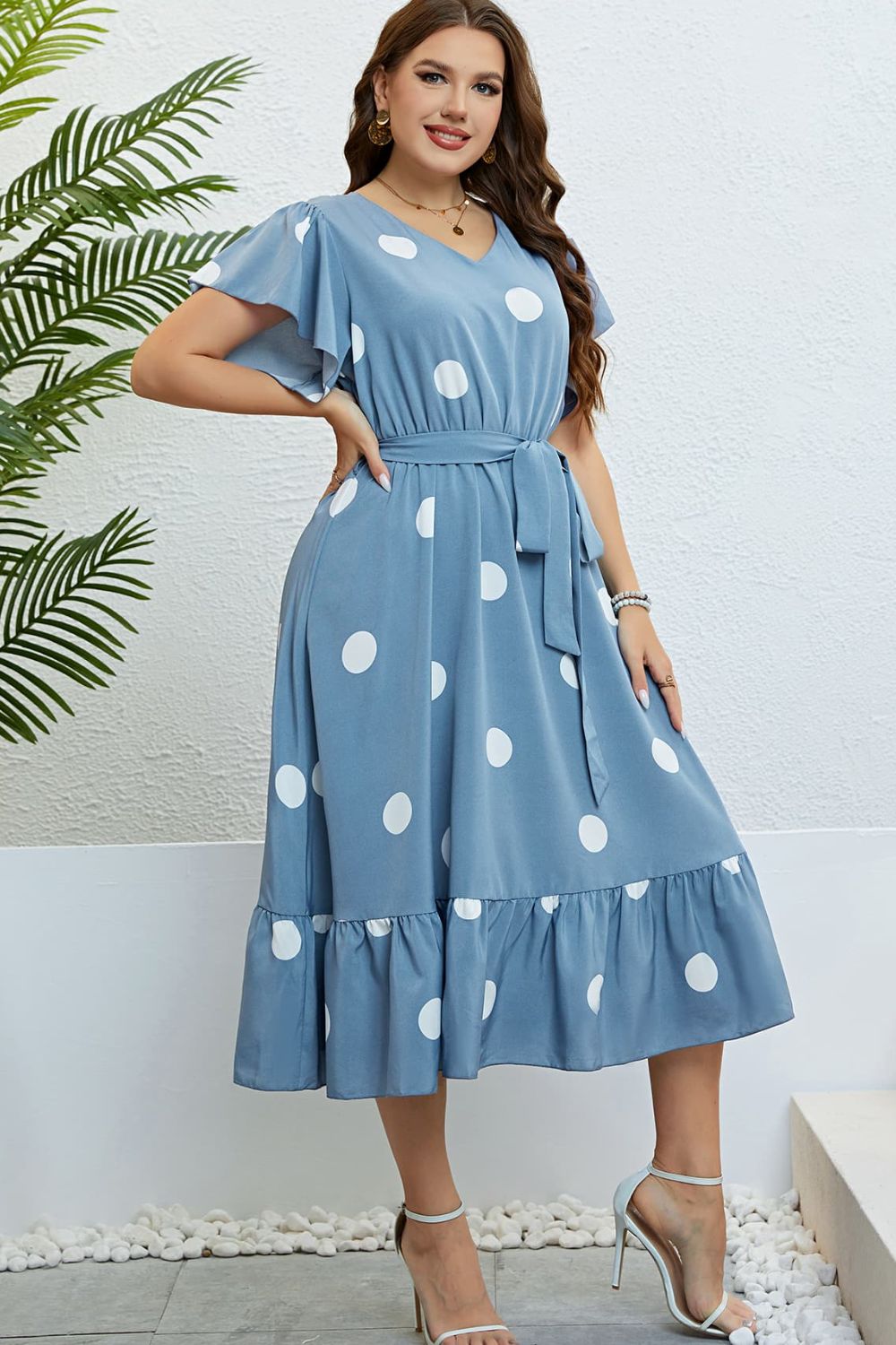 Polka Dot Belted Flutter Sleeve Ruffle Hem Dress - Women's Elegant Summer Party Dress for Weddings, Cocktails & Date Nights