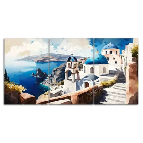 Santorini Island Painting Style Canvas Wall Art - 3 Piece Framed Set (60x90cm) | High Quality Print | 100% Australian Made | Ready to Hang | Perfect for Living Room, Bedroom & Office Decor