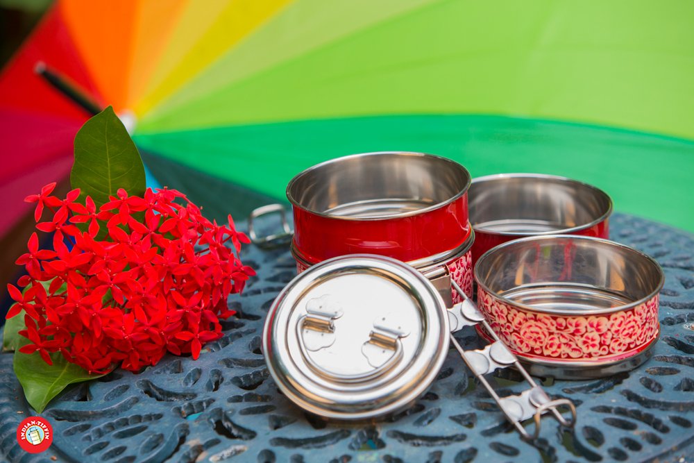 4 Tier Red Handpainted Tiffin Box - Indian Stainless Steel Lunch Container for Office, School & Picnics - Stackable Food Storage Carrier for Meals, Snacks & Leftovers