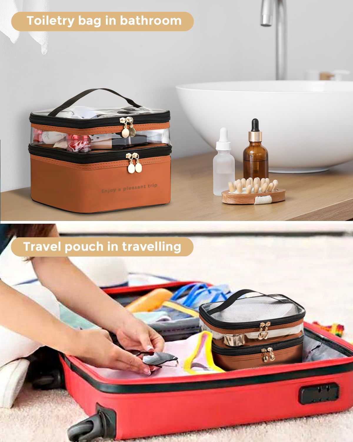 Double Layer Clear Waterproof Makeup Bag with Handle - Travel Cosmetic Organizer for Women, Girls Toiletry Case for Bottles, Brushes & Skincare Products (Brown) - Perfect for Travel, Gym & Daily Essentials Storage
