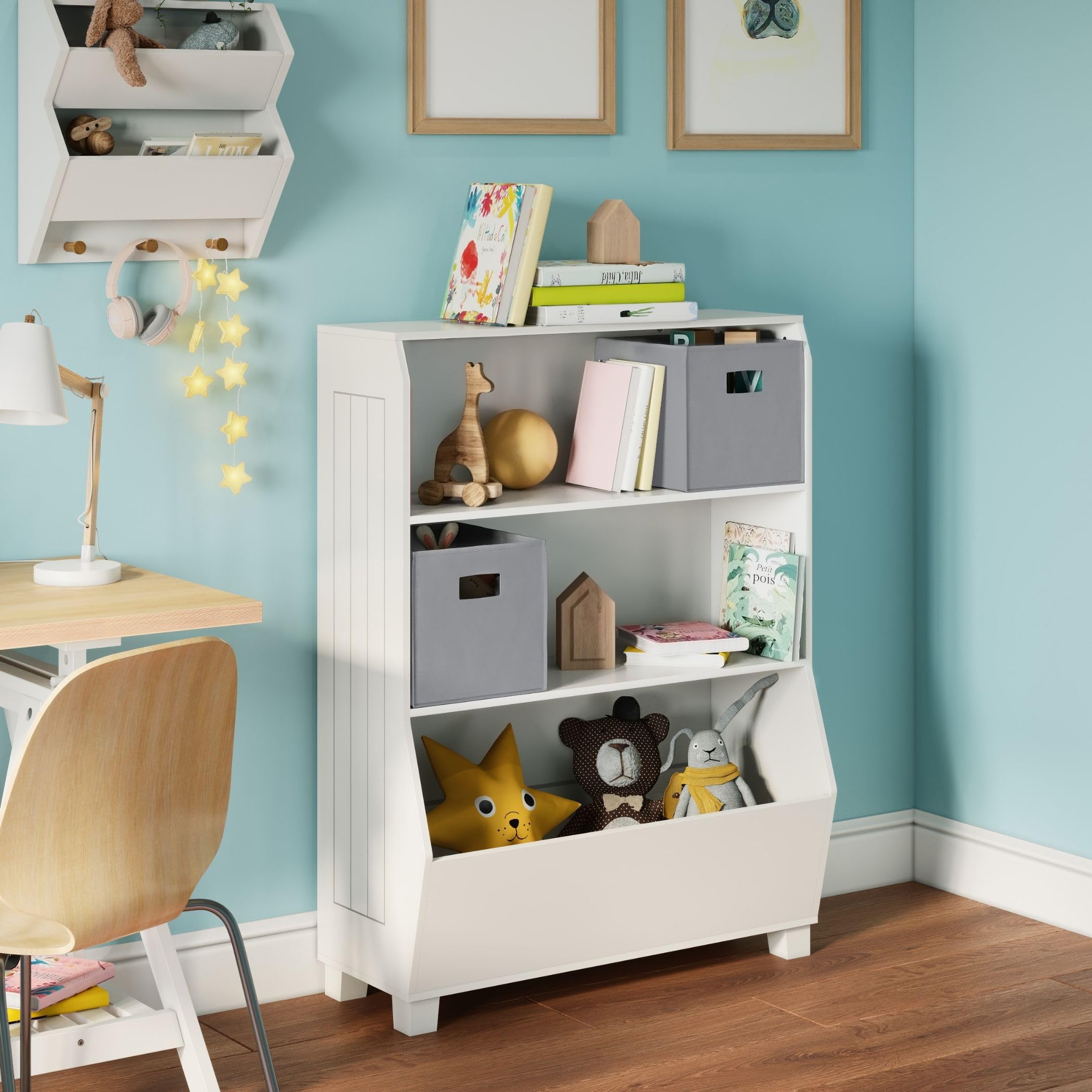 RiverRidge Kids Bookshelf with Toy Storage Organizer - 2 Open Shelves & 2 Gray Fabric Bins - Space Saving Bookcase for Children's Books, Toys, Games & Puzzles - Perfect for Bedroom, Playroom & Nursery Organization