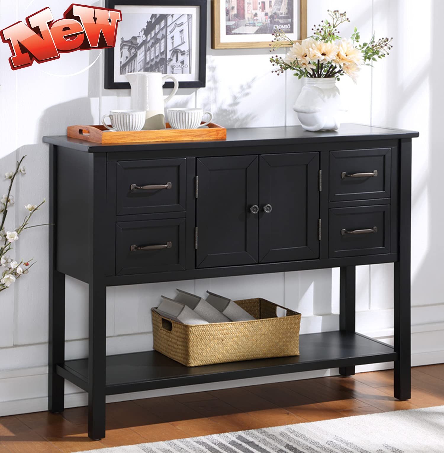 Rajmarti TYNAWYNW Solid Wood Buffet Sideboard Cabinet with 4 Drawers & Bottom Shelf - Modern Console Table for Entryway, Hallway & Living Room - Perfect for Home Storage & Display (Black)