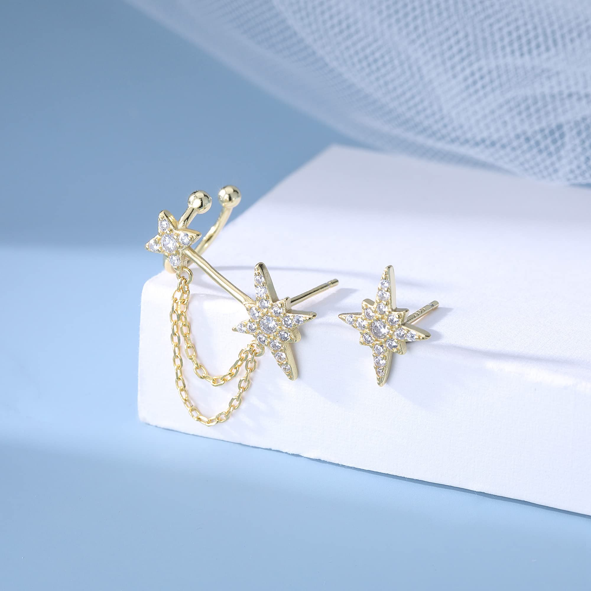 925 Sterling Silver Star Cuff Earrings for Women - Asymmetric Star Stud Earrings with Tassel Chain - Trendy Boho Jewelry for Party, Date Night & Everyday Wear