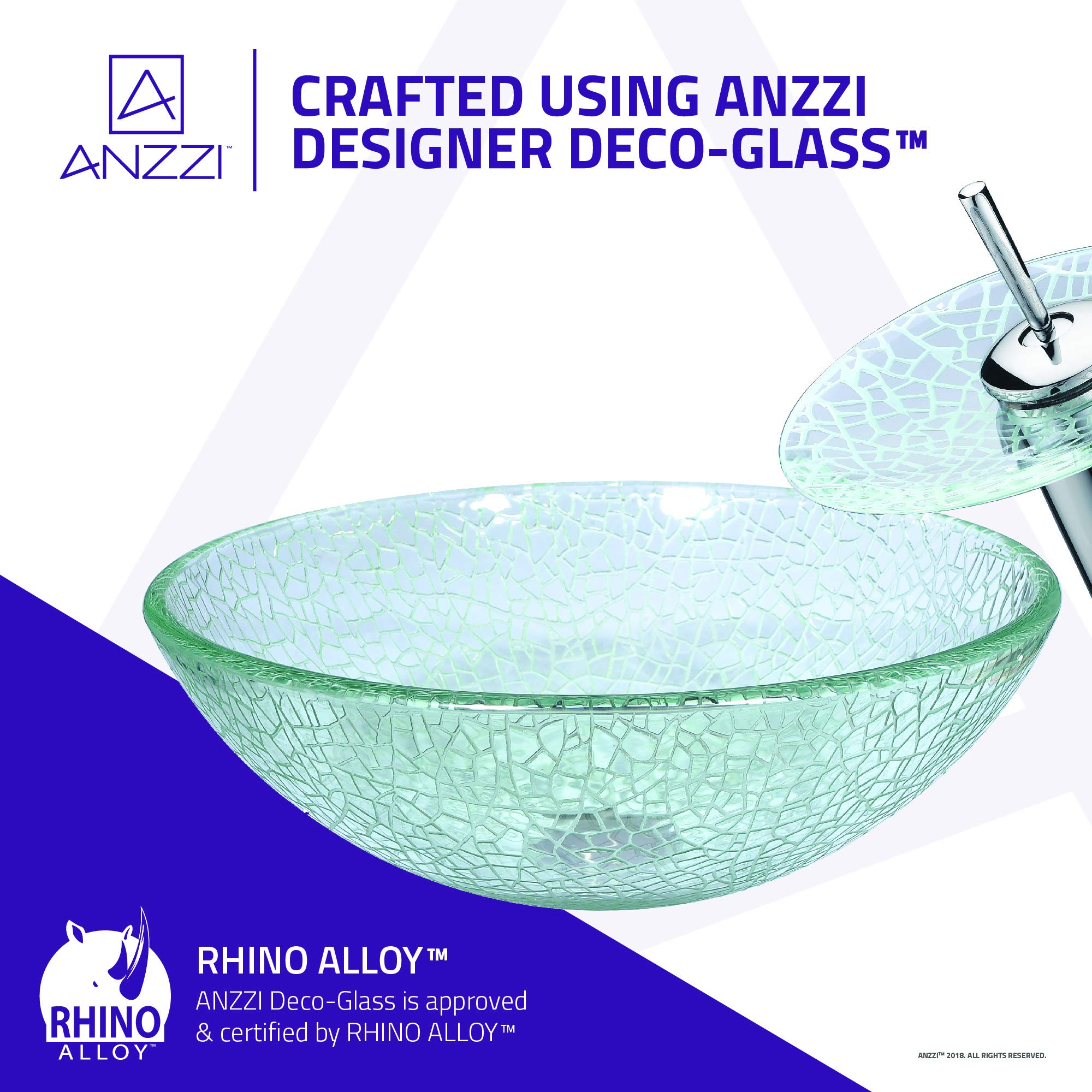 ANZZI Crystal Clear Mosaic Tempered Glass Vessel Sink with Waterfall Faucet Set - Round Above Counter Bathroom Sink Combo (LS-AZ063) | Modern Vanity for Master Bath & Powder Room