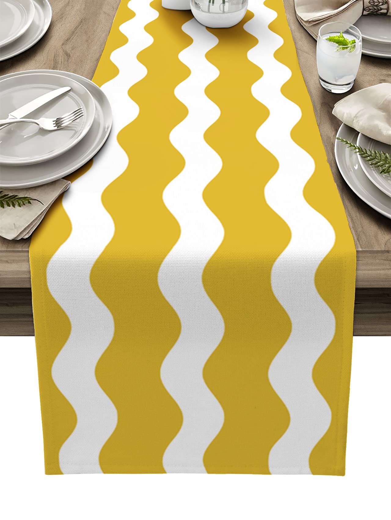 Savannan Cotton Linen Table Runner - Yellow Wave Stripes Geometric Pattern Kitchen Decor for Dining Table, Buffet, Dresser - 13