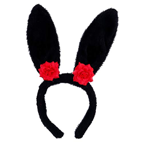 Bestoyard Black Bunny Ear Headband with Flowers - Cute Rabbit Ear Hairband for Halloween, Cosplay, Zombie Vampire Dress Up, Masquerade Party - Perfect for Costume Parties, Themed Events, and Photo Shoots