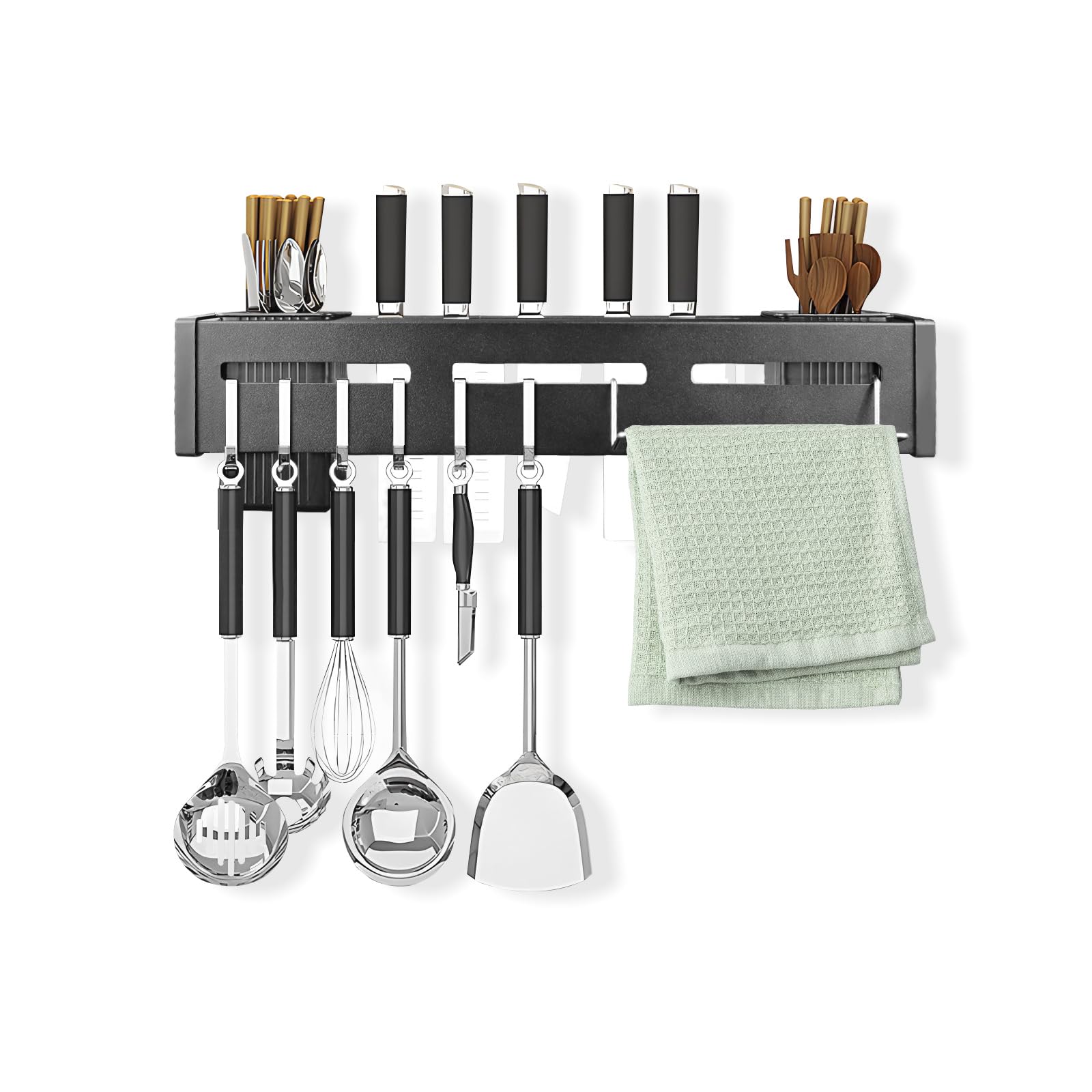 16-Inch Stainless Steel Wall Mount Knife Holder with Hooks - Heavy Duty Adhesive Knife Strip for Kitchen, Knife Storage Block & Organizer for Spoons, Chopsticks (40cm) - Perfect for Small Kitchens, Restaurants & Home Chefs