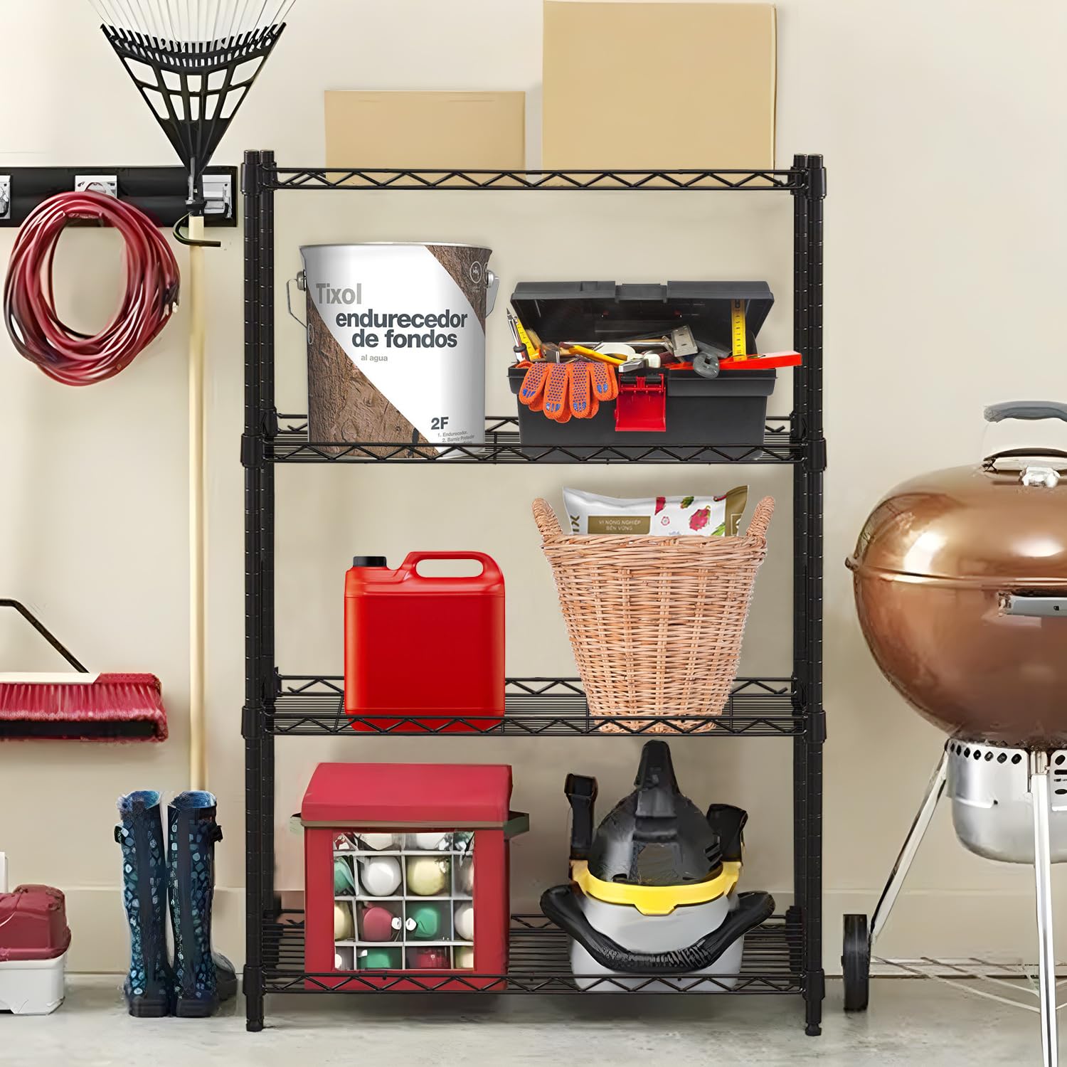 4 Tier Adjustable Metal Wire Shelving Rack - Heavy Duty Storage Shelf Unit for Kitchen, Laundry, Garage & Pantry Organization (Black) - Perfect for Storing Food, Cleaning Supplies & Household Items