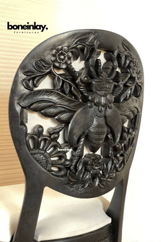 Hand Carved Bee Design Wooden Dining Chair - Natural Indian Wood - Perfect for Home, Restaurant, and Outdoor Dining