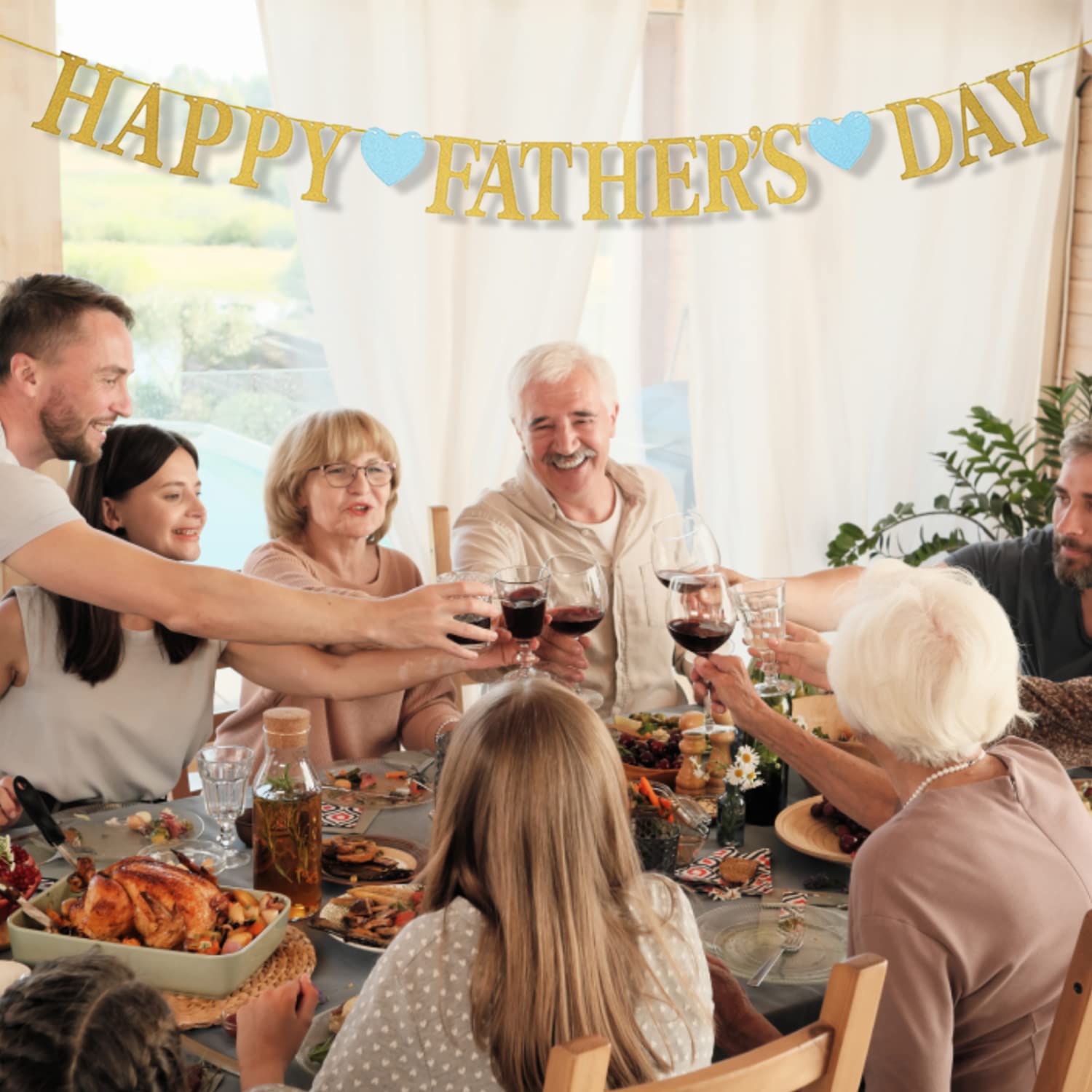 Happy Father's Day Glitter Gold Banner with Blue Hearts - Premium Bunting for Dad's Party Decorations, Father's Day Backdrop & Garland - Perfect for Home, Office & Outdoor Celebrations