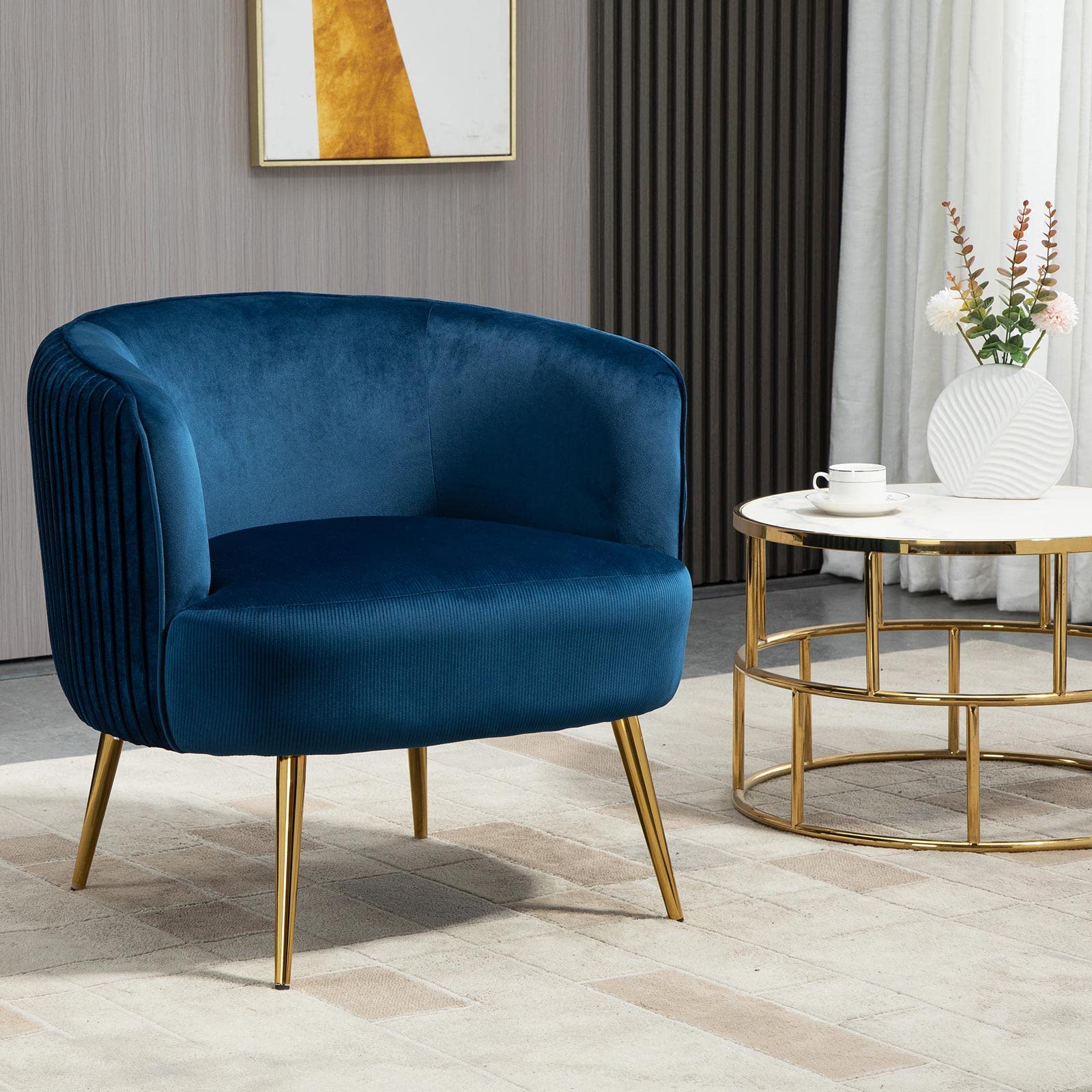 MOJAY Velvet Upholstered Barrel Accent Chair with Golden Legs - Modern Club Chair for Living Room, Bedroom & Office - Comfortable Blue Sofa Chair for Relaxing & Home Decor