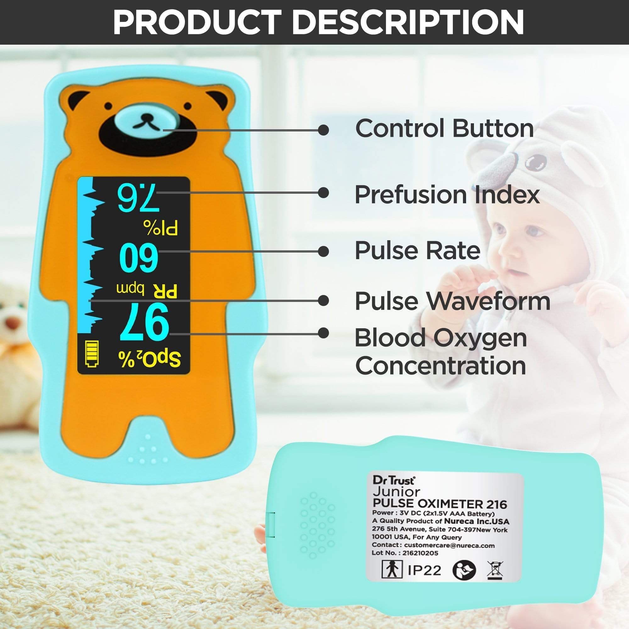 Dr Trust USA Pediatric Pulse Oximeter for Kids & Infants - Accurate Finger Oxygen Monitor with LED Display (Green) - Ideal for Home Use, Childcare, and Pediatric Clinics