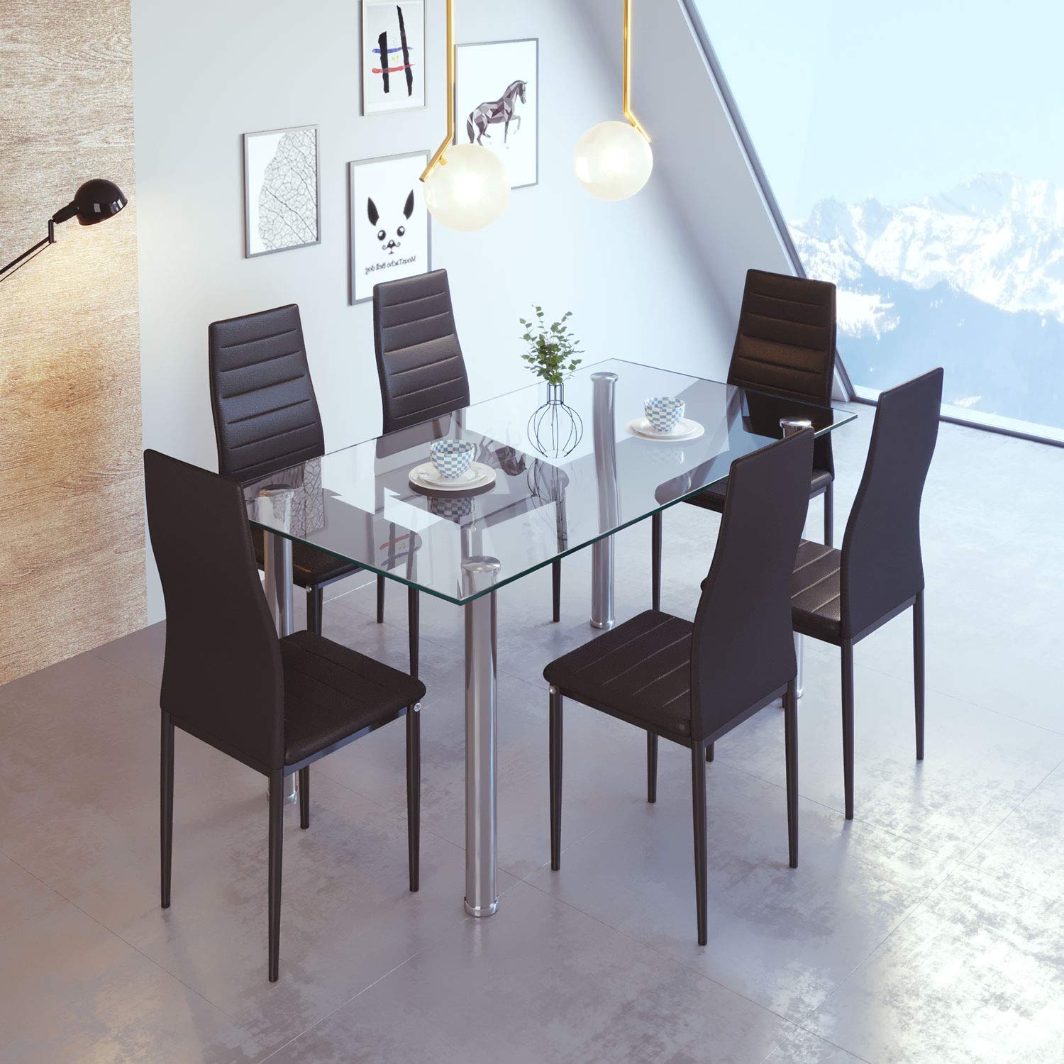 HomeSailing 7-Piece Black Dining Set with Faux Leather Chairs & Glass Table - Space-Saving Kitchen Room Furniture for Small Spaces (1 Table + 6 Chairs) | Perfect for Apartments, Condos & Cozy Family Dinners