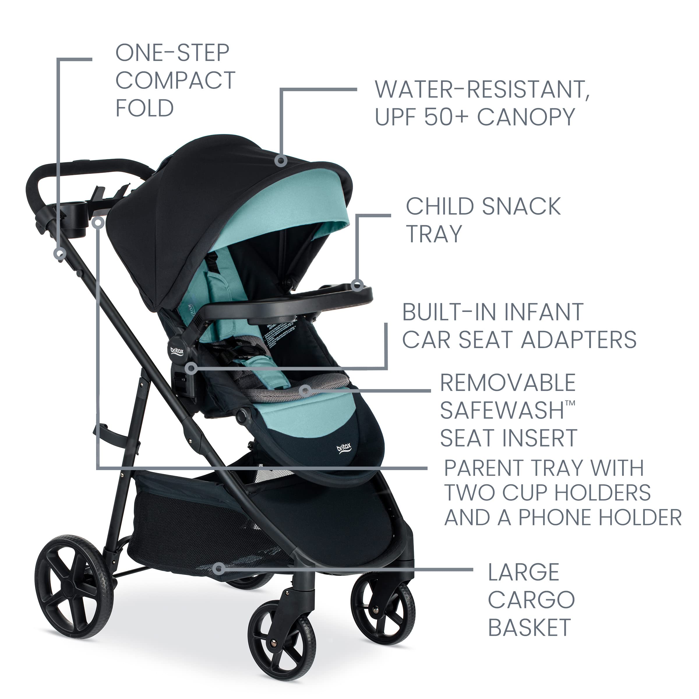 Britax Willow Brook S+ Baby Travel System - Infant Car Seat & Stroller Combo with Alpine Base | ClickTight Safety Technology | SafeWash Insert & Cover in Jade Onyx | Perfect for Newborns, Shopping & Family Outings