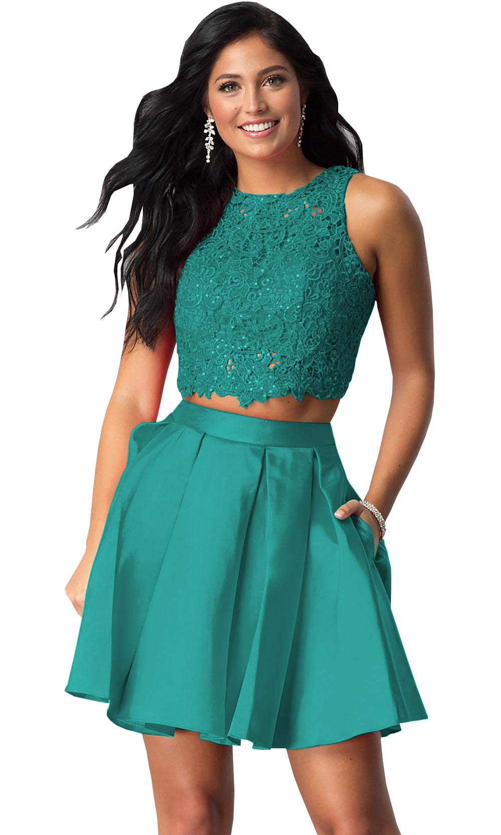 Elegant Women's Two Piece Short Homecoming Prom Dress with Pockets & Lace Bodice - Formal Party Gown for Dances, Weddings & Special Occasions