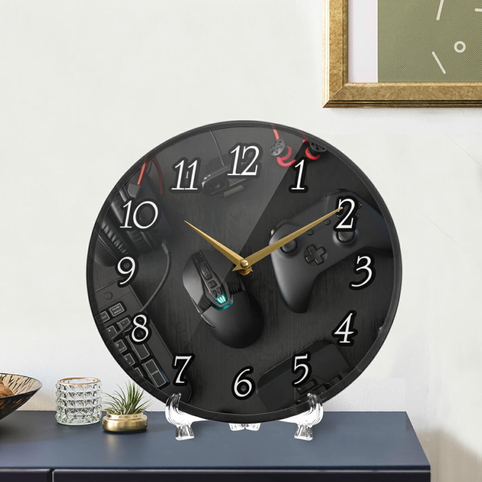 Gamer Wall Clock - Silent Non-Ticking 9.5 Inch Acrylic Round Clock with Mouse, Keyboard, Joystick & Headset Design - Perfect for Gaming Room, Home Office, Living Room or Dorm Decor
