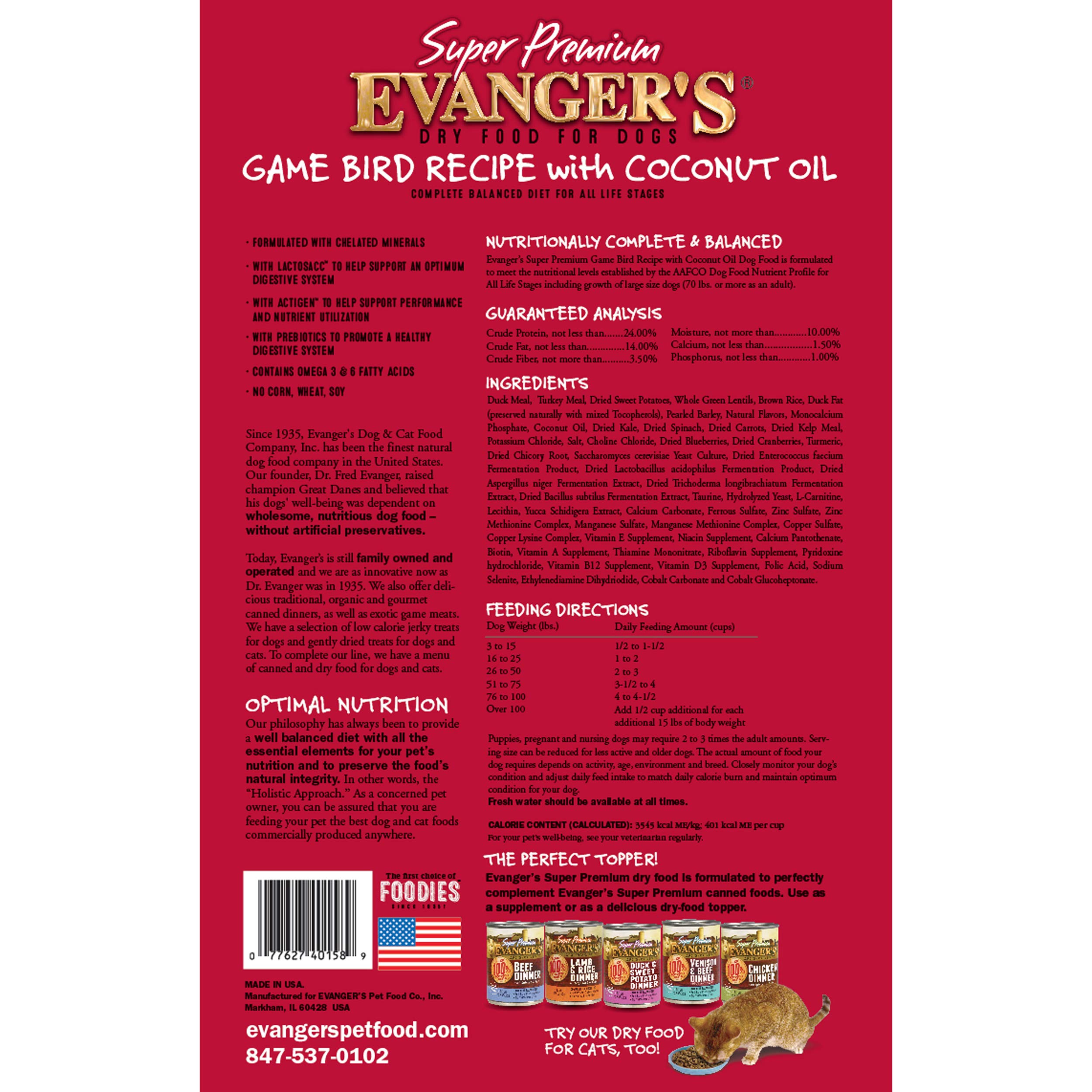 Evanger's Super Premium Gamebird Recipe with Coconut Oil Dry Dog Food - 33 lb Bag | High Protein Grain-Free Kibble for Active & Senior Dogs | Perfect for Training, Weight Management & Sensitive Stomachs