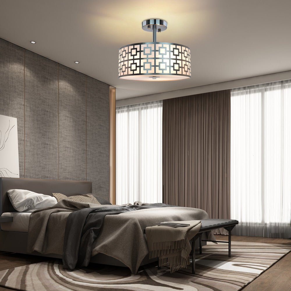 Stylish Semi Flush Mount Ceiling Light Fixture - 3 Bulb Iron Drum Pendant Chandelier in Chrome Finish for Bedroom, Hallway, Kitchen, Living & Dining Room | Modern Home Lighting for Entryway, Foyer & Interior Decor