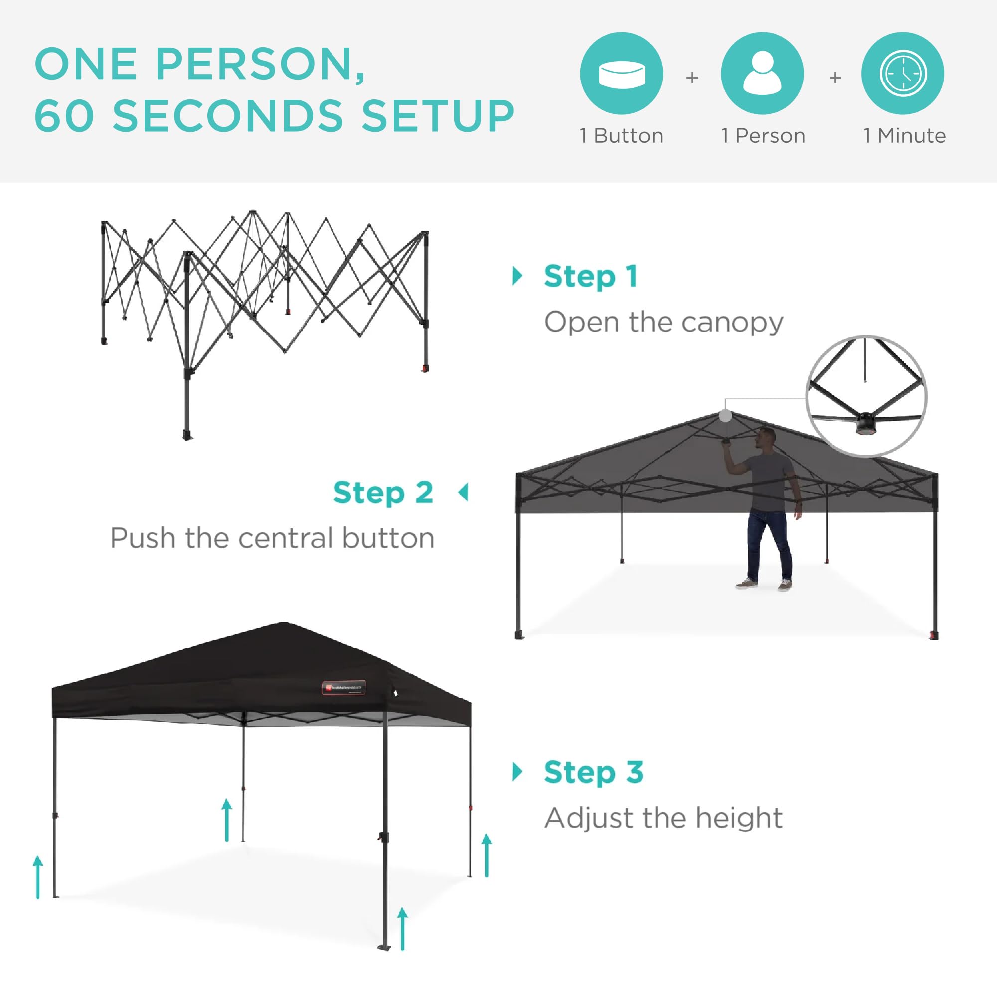 Best Choice Products 12x12ft Instant Pop Up Canopy Tent - 1-Person Setup Portable Shelter with Push Button, Carry Case & 4 Weight Bags (Black) - Perfect for Outdoor Events, Camping, Beach, Picnics, and Backyard Parties