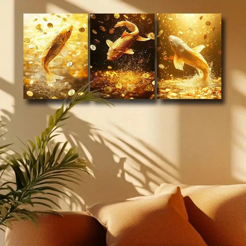 3pcs Golden Carp Metal Wall Art Prints - Ready to Hang Home Decor for Living Room, Bedroom & Office - Perfect for Asian Inspired Interior Design