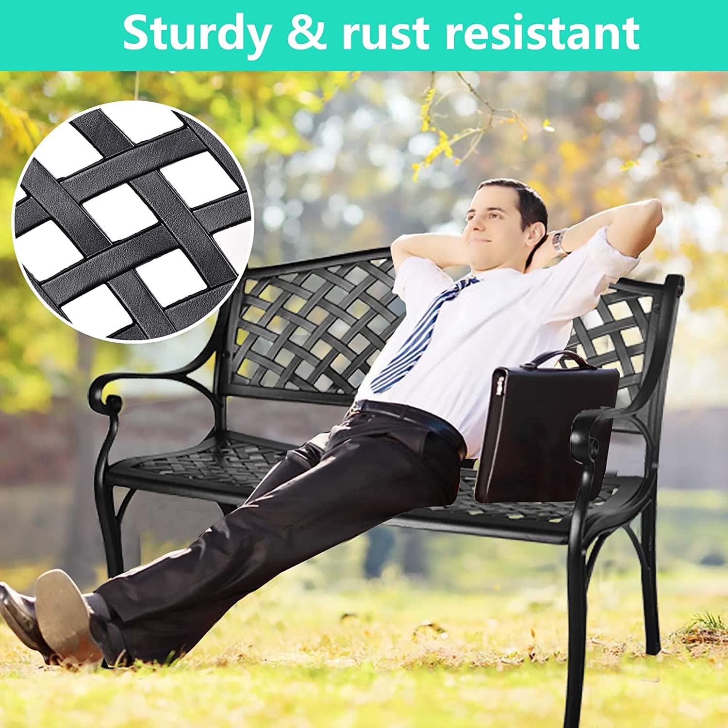 Grepatio Outdoor Patio Garden Bench - All-Weather Cast Aluminum Loveseat for Park, Yard & Porch - Durable Entryway & Garden Furniture with Checkered Design (Black) - Perfect for Outdoor Relaxation, Backyard Decor & Garden Seating