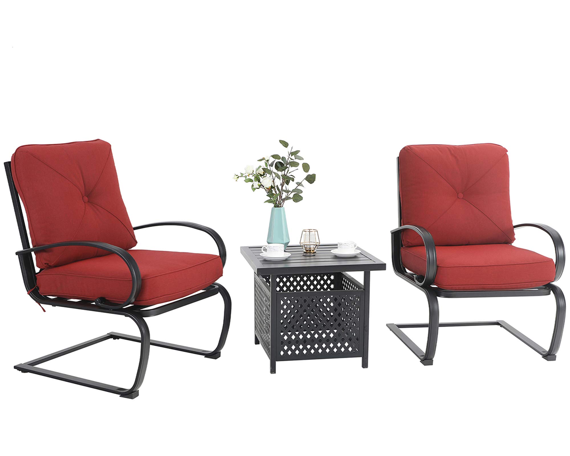 MFSTUDIO 3-Piece Outdoor Patio Bistro Set with 2 Spring Motion Chairs & Metal Coffee Table - Burgundy Garden Furniture for Backyard, Lawn - Includes Padded Cushions & 1.57