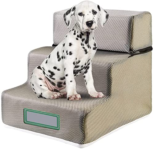 3-Tier Non-Slip Pet Steps for Small Dogs & Cats - Washable Breathable Mesh Stairs for Bed, Sofa & Couch - Portable Pet Ramp for Elderly & Disabled Pets (Grey)
