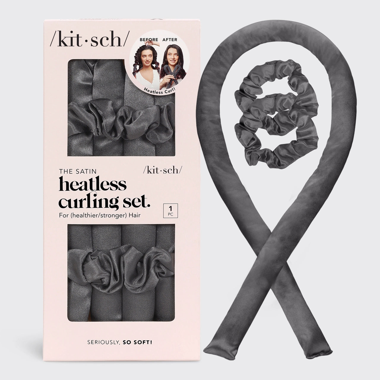Kitsch Heatless Curling Set - Charcoal Satin Hair Rollers for Overnight Curls | Perfect for Damage-Free Styling, Travel & Special Occasions