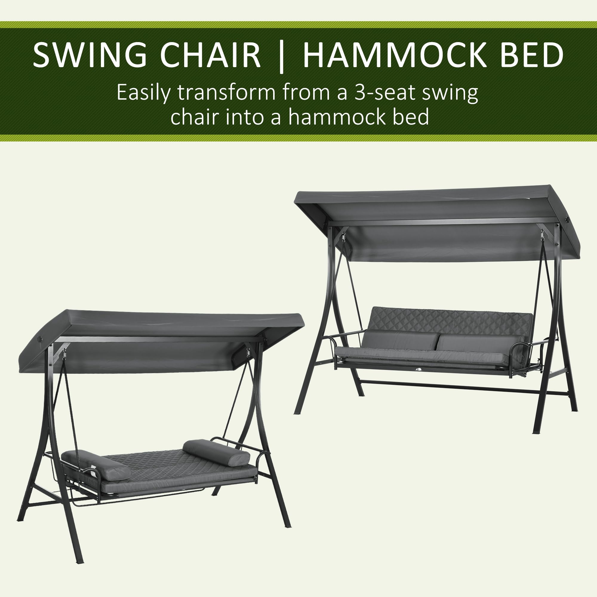 Outsunny 3-Person Patio Swing Chair Bed - Convertible Flatbed Outdoor Porch Glider with Adjustable Canopy & Removable Cushions - Perfect for Garden, Poolside, Backyard Relaxation (Gray) | Ideal for Lounging, Sunbathing, and Outdoor Napping
