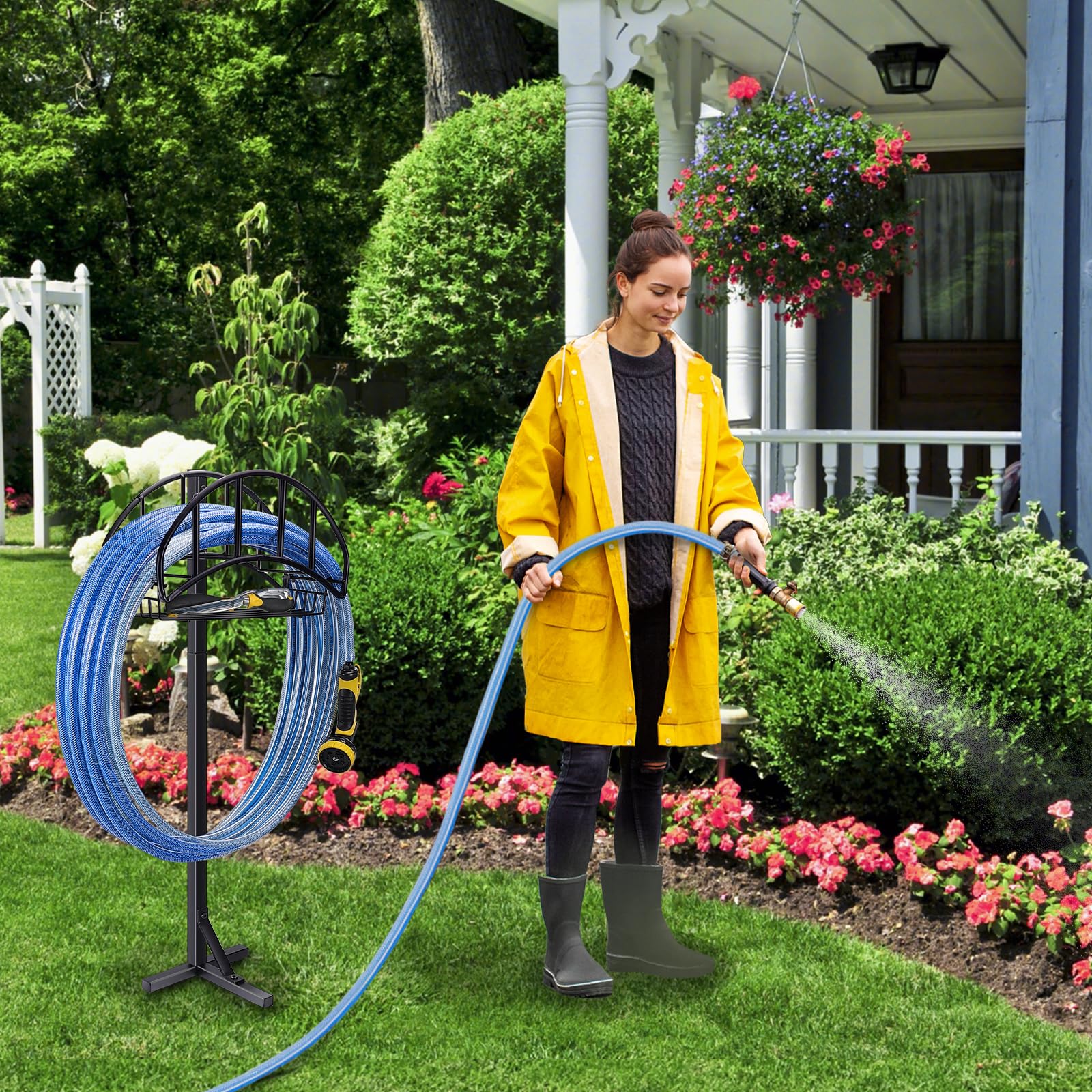 Freestanding Garden Hose Holder with Detachable Tool Storage Basket - Outdoor Water Hose Organizer for Lawn, Yard & Garden - Perfect for Backyard, Patio, and Garage Storage