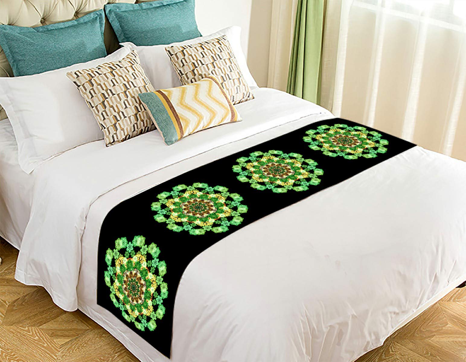 Luxury Green Oriental Style Bed Runner - 20x95 Inch Elegant Bed Scarf for Queen King Beds - Perfect for Home Decor, Wedding Decorations & Boho Bedroom Styling