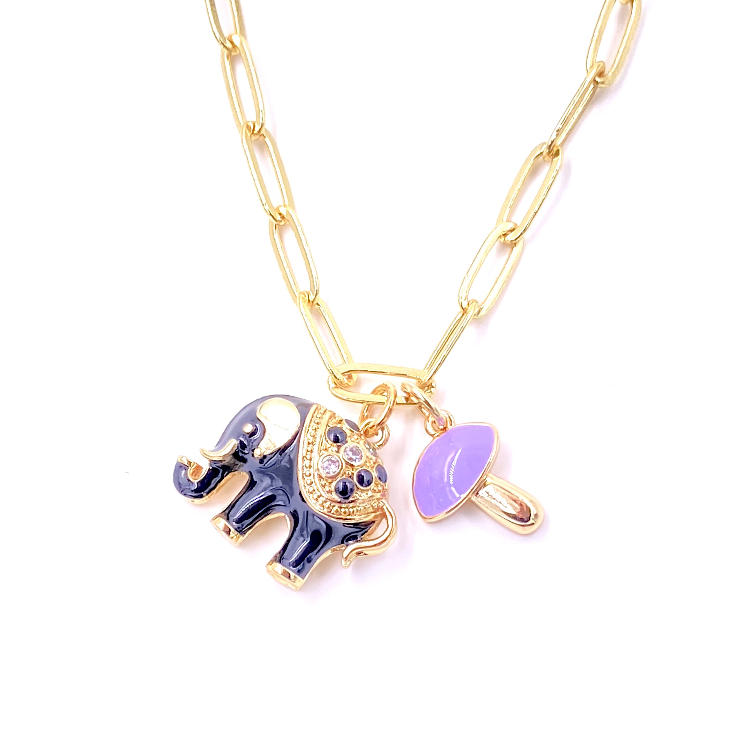 Ashley Gold Stainless Steel Gold Plated Enamel Elephant Double Charm Link Necklace for Women - Elegant Jewelry Gift for Birthday, Anniversary & Special Occasions