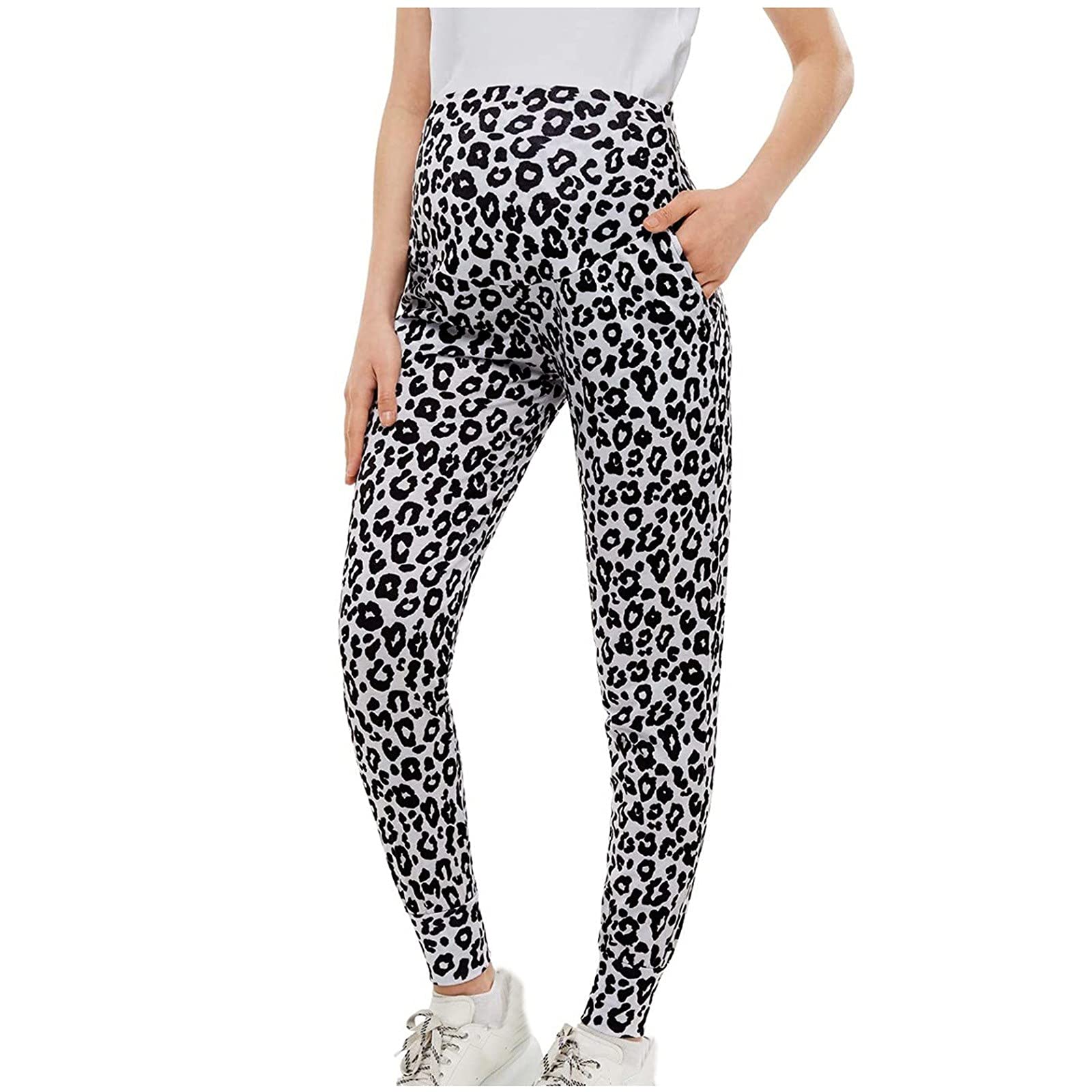 MOMKER Women's Maternity Pants - Stretchy Comfortable Leopard Print Pregnancy Lounge Pants for Casual Wear & Relaxing at Home