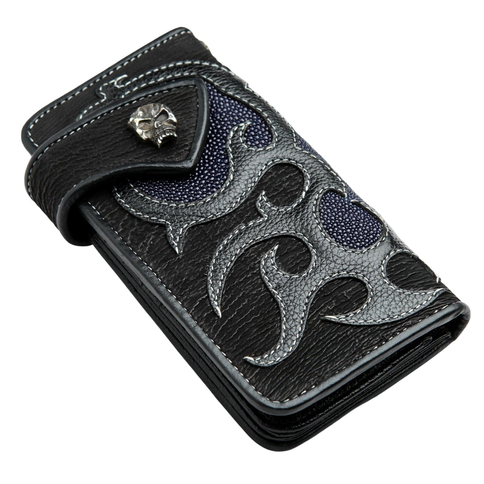 Genuine Navy Blue Stingray Leather Skull Men's Biker Wallet - RFID Blocking Slim Bifold Wallet for Motorcycle Riders & Everyday Carry (Perfect Gift for Bikers)