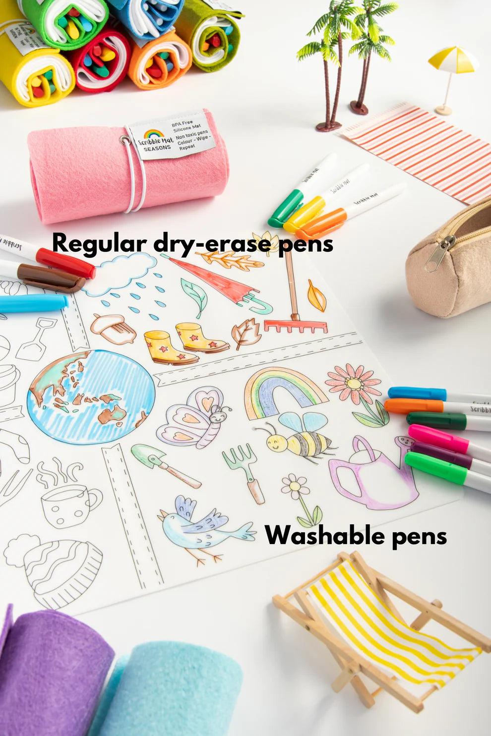 Scribble Mat with 12 Washable Pens & Felt Pencil Case - Reusable Kids Drawing Mat for Travel, Restaurants & Home Play - Perfect Toddler Activity Toy for Car Rides & Airplane Trips