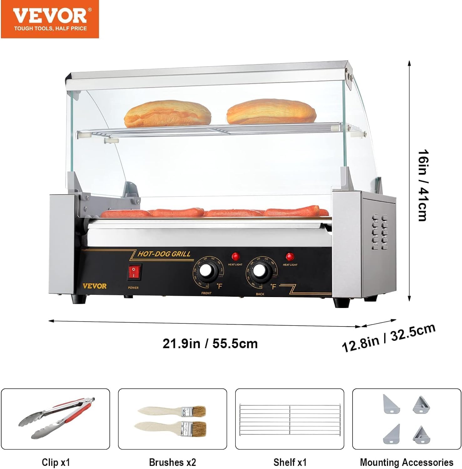 VEVOR 18 Hot Dog Roller Machine - 1050W Commercial Stainless Steel Sausage Grill with 7 Rollers, Dual Temperature Control, LED Light & Detachable Drip Tray - Perfect for Restaurants, Food Trucks, Canteens and Home Kitchen Use