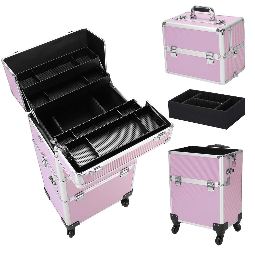 3 in 1 Professional Rolling Makeup Train Case - Aluminum Cosmetic Organizer with 4 Removable Wheels & Lockable Keys (Pink) | Perfect for Makeup Artists, Salon Professionals & Travel Cosmetics Storage