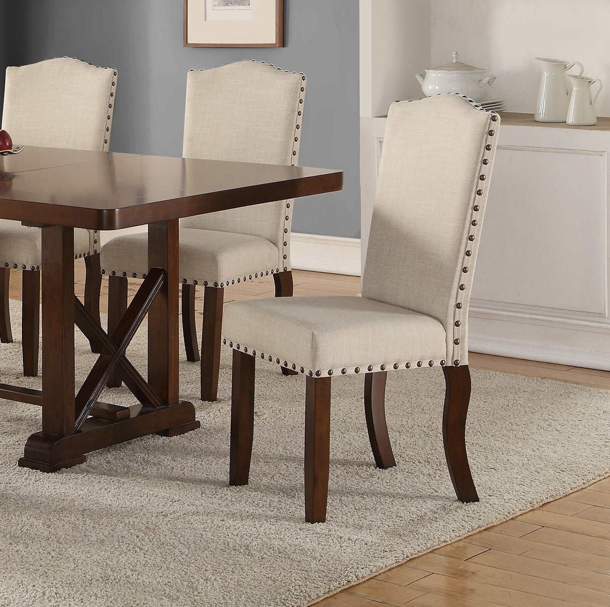 Classic Cream Upholstered Dining Chairs Set of 2 - Tufted Cushion with Nailhead Trim & Solid Wood Legs - Elegant Kitchen & Dining Room Furniture for Home Decor
