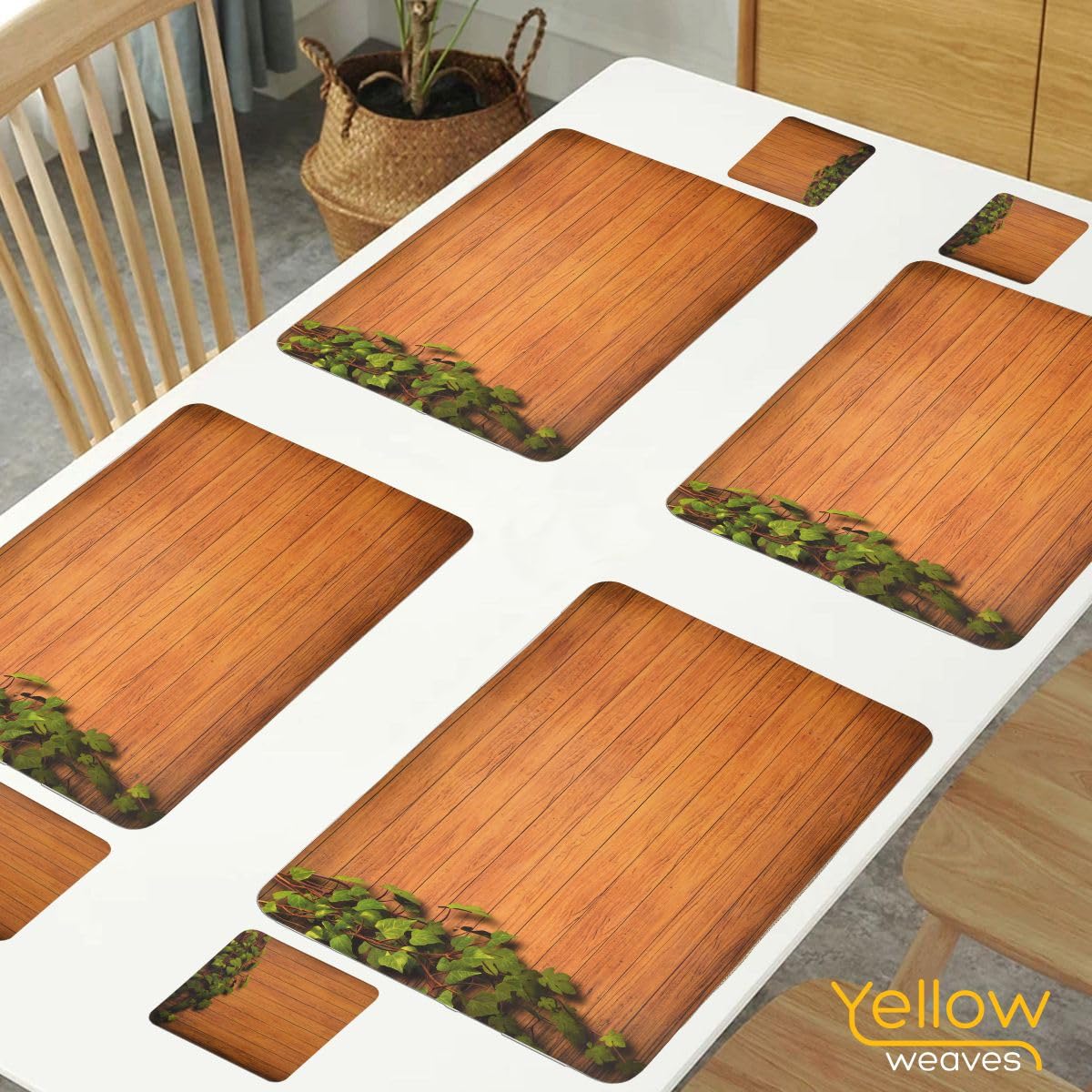 4-Piece Yellow Weaves PVC Dining Table Placemats - Wooden Style Brown for Kitchen, Dining Room & Home Decor